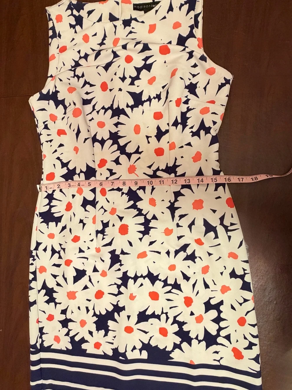 Madisonleigh White/Navy/Orange Floral Sheath Knit Stretch Zip Dress 6